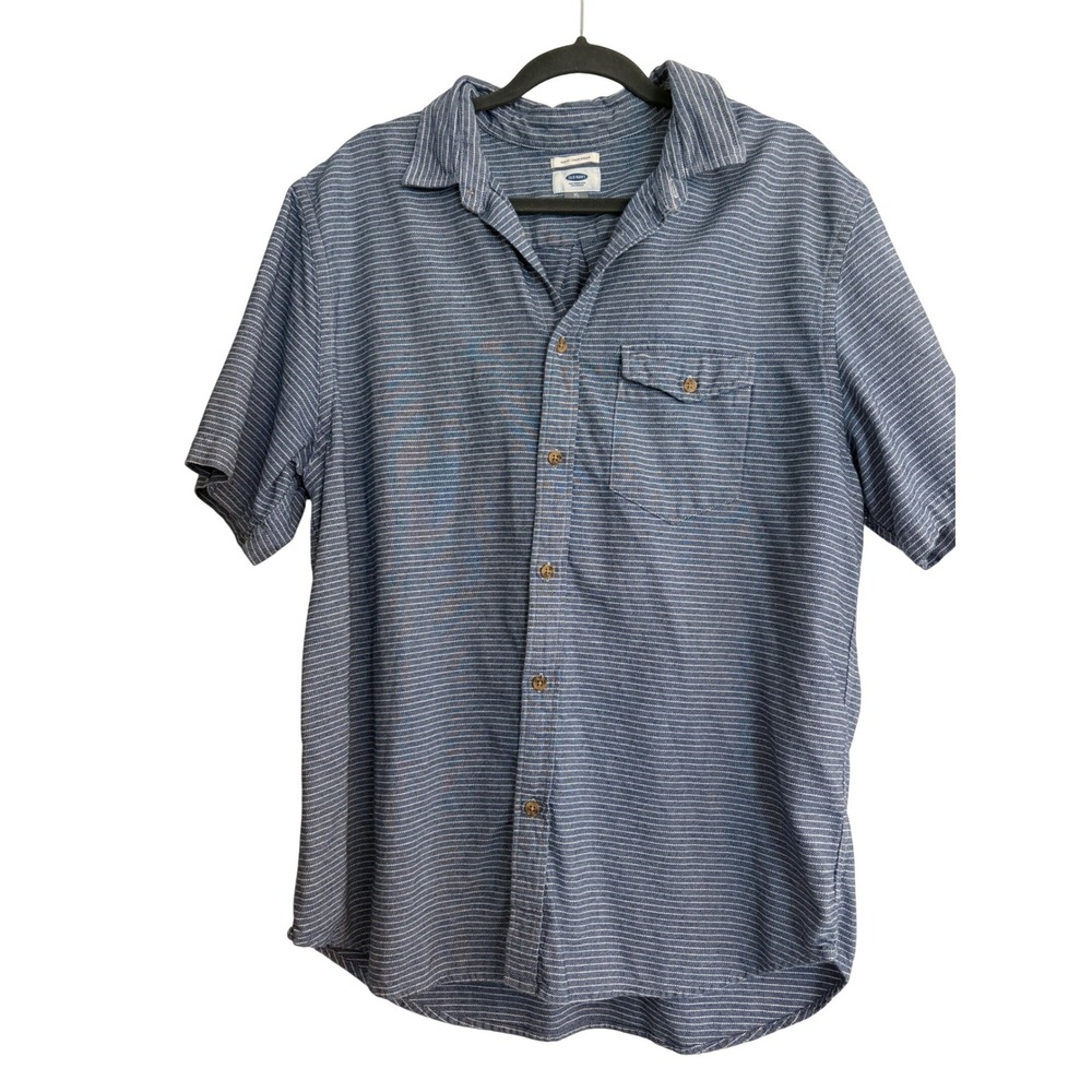 Old Navy Chambray XL Slim Fit Short Sleeve Button Up Shirt Blue White Stripe